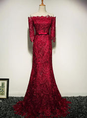 Wine Red Lace Mermaid Off Shoulder Long Evening Gown, Lace Formal Dress