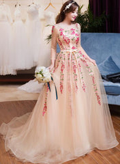 Beautiful Long Sleeves Tulle A-line Party Dress , Tulle Flowers Evening Gown