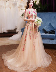 Beautiful Long Sleeves Tulle A-line Party Dress , Tulle Flowers Evening Gown