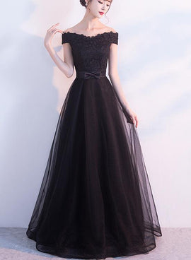 Beautiful Black Off Shoulder Lace and Tulle Party Dress, Charming Formal Gown