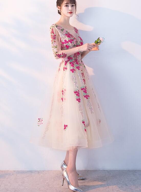 Charming Flowers Lace Champagne Tea Length Party Dress , Wedding Party Dress