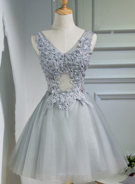 Beautiful Grey Tulle V-neckline Lace Applique Beaded Short Party Dress, Grey Homecoming Dresses