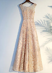 Beautiful Champagne Lace A-line Floor Length Formal Dress, Prom Gowns