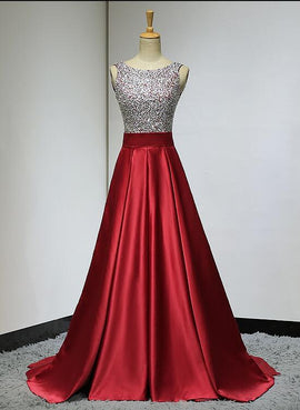 Red Sequins Beaded Backless Long Formal Dress, Red Party Dress