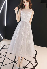 Charming Light Grey Tea Length Tulle Round Neckline Party Dress , Formal Dresses
