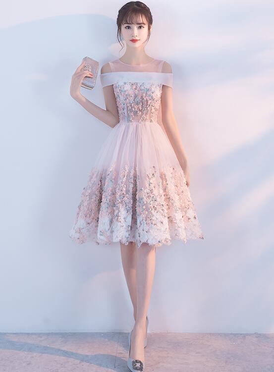 Cute Pink Round Neckline Flower Lace Short Party Dress, Pink Formal Dress  Short
