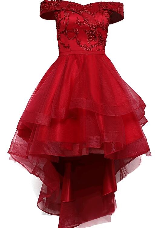 Beautiful Off Shoulder High Low Party Dress , Dark Red Homecoming Dress