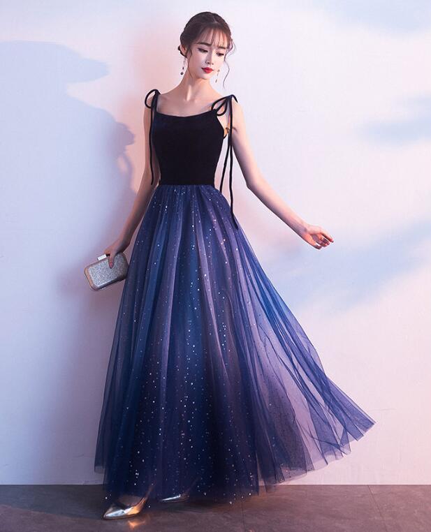Blue Tulle with Velvet Straps Long Party Dress, Gorgeous Formal Gown