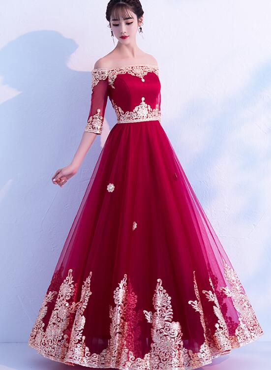 wine red tulle long dress