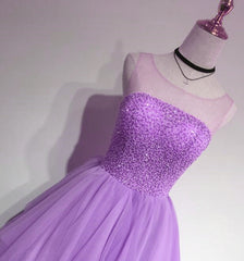 Glam Light Purple Tulle High Low Beaded Layers Party Dress, Formal Dress