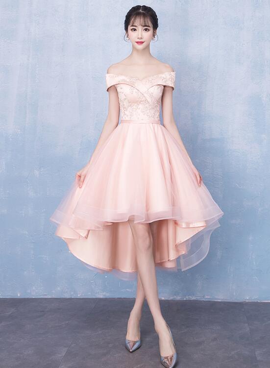 pink off shoulder tulle high low dress
