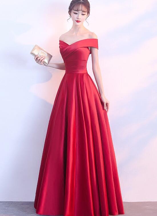 red satin off the shoulder gown