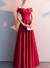 red satin off shoulder long dress
