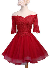 Chic Short Sleeves Tulle Party Dress , Red Homecoming Dress