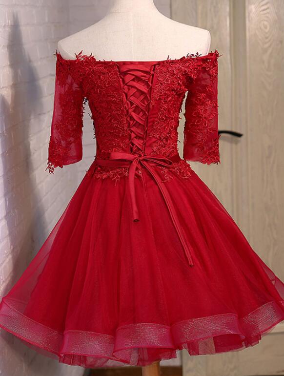 Chic Short Sleeves Tulle Party Dress , Red Homecoming Dress