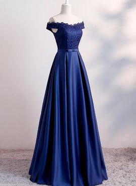 navy blue satin and lace bridesmaid dress
