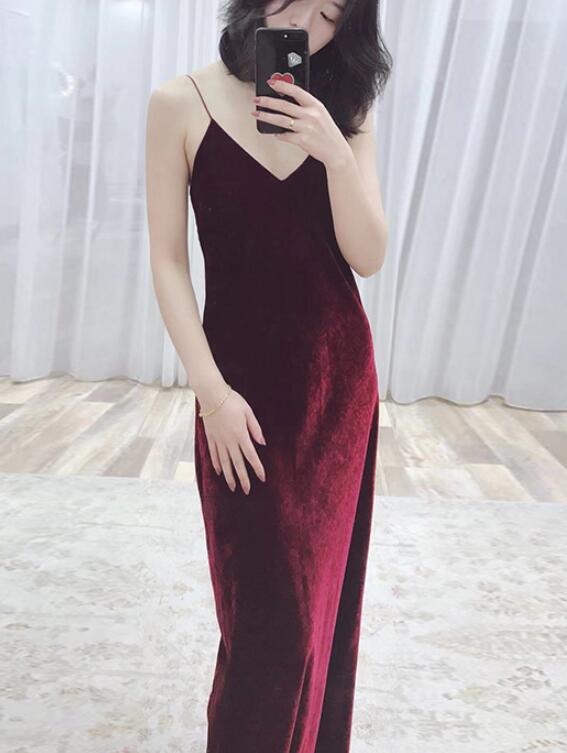 Wine Red Straps Sexy Velvet Evening Gown, Long Party Dresses