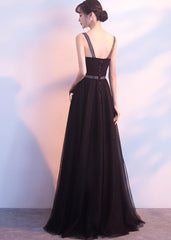 Charming Black Straps Long Tulle Party Dress, Handmade Formal Dress