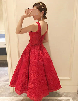 Red Lace Round Neckline Tea Length Party Dress, Cute Party Dress