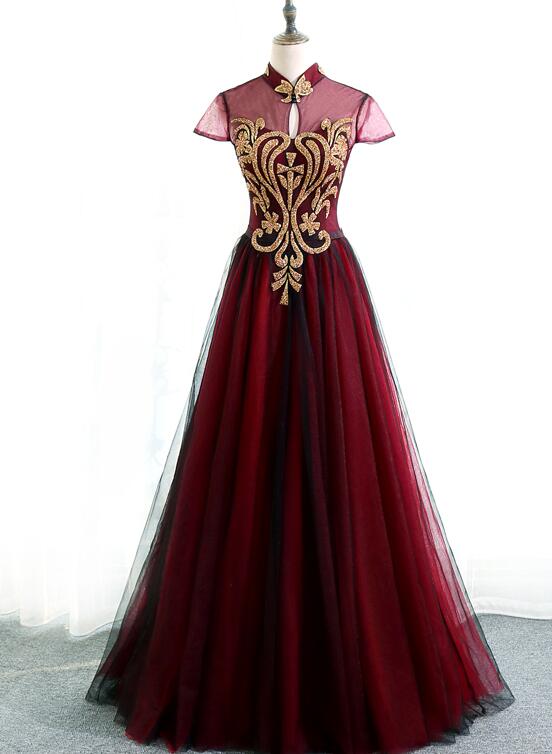wine red cap sleeves gown