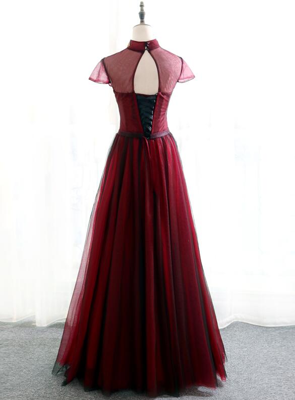 Charming Wine Red Cap Sleeves Long Tulle Evening Gown, Long Formal Dre – Cutedressy