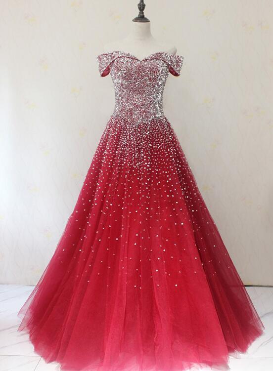 red beadings off shoulder tulle gown