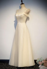 Lovely Tulle Champagne Long Party Dress, Beautiful Tulle Prom Dress