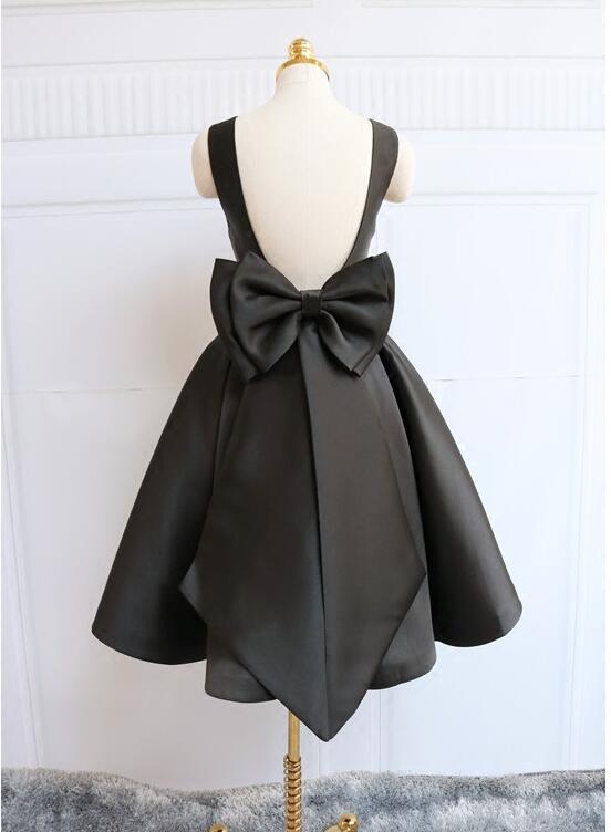 Black Satin Knee Length Party Dress , Black Backless Evening Dress