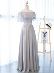 light grey chiffon off shoulder bridesmaid dress