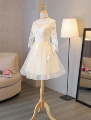 Light Champagne Lace 1/2 Sleeves Tulle New Homecoming Dress, Short Party Dress