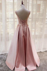 Beautiful Pink Satin V-neckline Party Gown , Handmade Lace Top Fashion Formal Dress