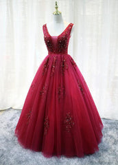 Gorgeous Wine Red Tulle Party Gown, Handmade V-neckline Prom Dress