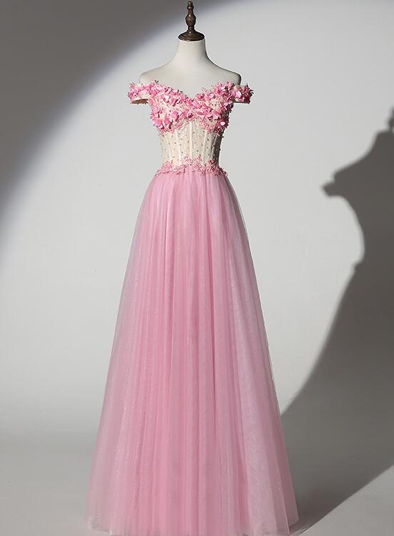 pink off shoulder tulle prom dress
