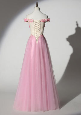 Pink Off Shoulder New Style Long Tulle Prom Dress, New Party Dresses