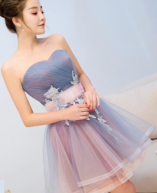 Cute Blue and Pink Knee Length Homecoming Dress with Belt, Lovely Party Dresses