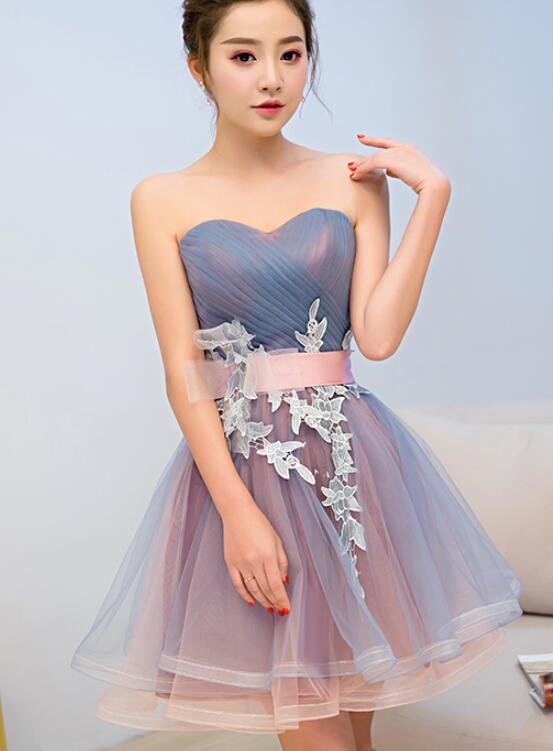 blue and pink knee length homecoming dress