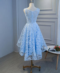Charming Lace Round Neckline High Low Party Dress with Belt, Cute Party Dress