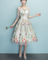 Lace Floral Elegant Knee Length Round Neckline Party Dress