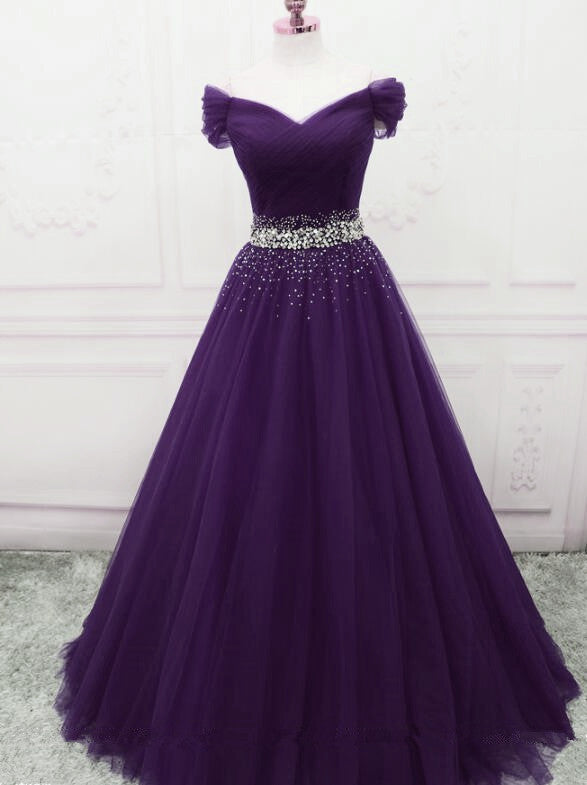 Charming Dark Purple Tulle Long Off the Shoulder Party Dress, Long Prom Dress