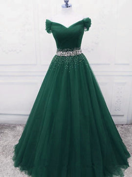 Fashionable Dark Green Long Beade Formal Dress, Green Prom Dress