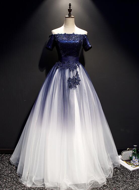 Charming Navy blue Gradient Tulle with Lace Applique Party Gown, Short Sleeves Formal Dress