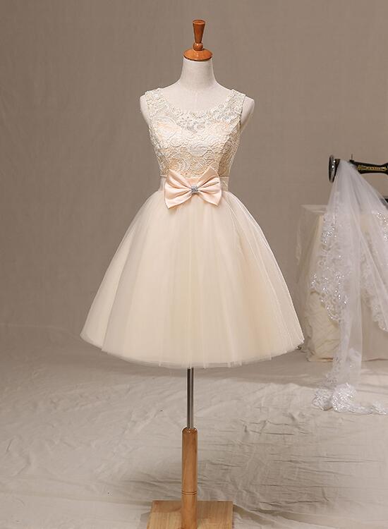 New Champagne Knee Length Party Dress with Bow, Cute Homecoming Dress ...