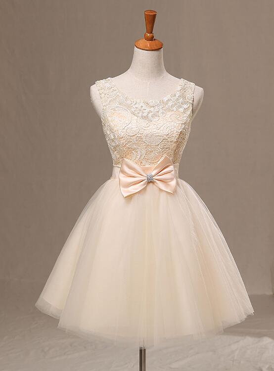 New Champagne Knee Length Party Dress with Bow, Cute Homecoming Dress Cutedressy New Champagne Knee Length Party Dress with Bow, Cute Homecoming Dress Cutedressy