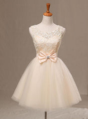 New Champagne Knee Length Party Dress with Bow, Cute Homecoming Dress