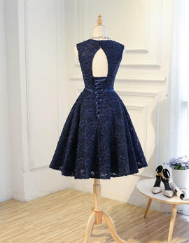 Navy Blue Lace Vintage Knee Length Bridesmaid Dress, Charming Lace Party Dress