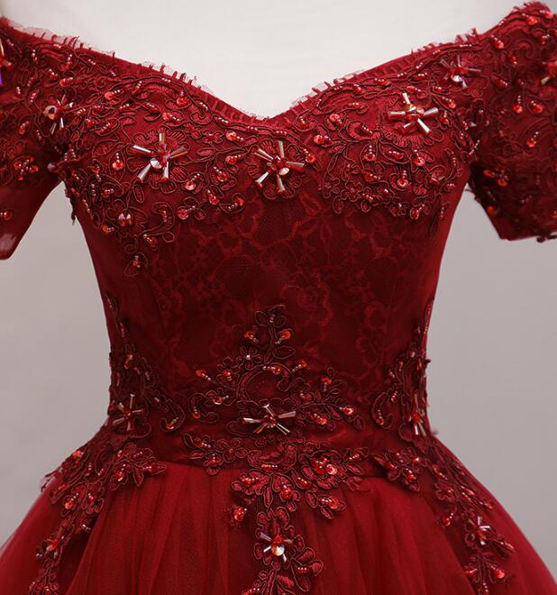 Tulle Dark Red Off the Shoulder Knee Length Homecoming Dress, Red Part Cutedressy Tulle Dark Red Off the Shoulder Knee Length Homecoming Dress, Red Part Cutedressy