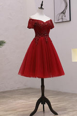 Tulle Dark Red Off the Shoulder Knee Length Homecoming Dress, Red Party Dress