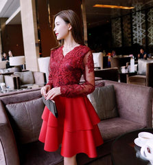 Charming Pink Lace Long Sleeves Layers Homecoming Dress, Lovely Party Dress