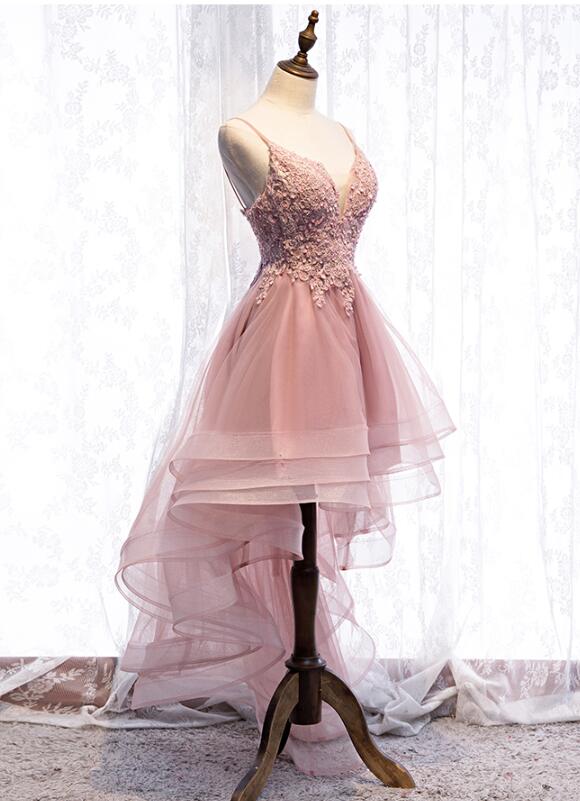 Straps Pink Homecoming Dress High Low Party Dress, Homecoming Dress