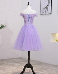 Light Purple Lace and Tulle Off the Shoulder Homecoming Dress, Short Party Dress